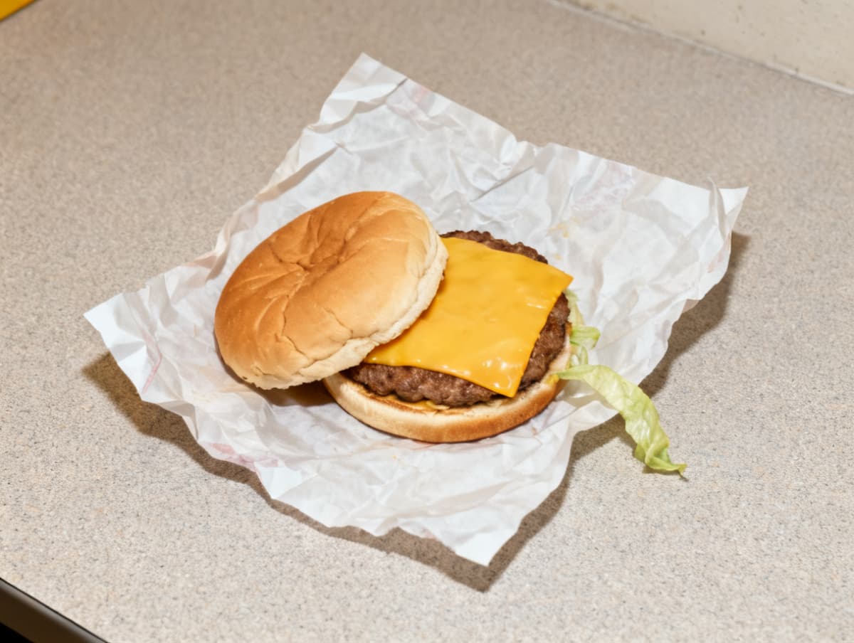 A cheap cheeseburger going cold on its wrapper.
