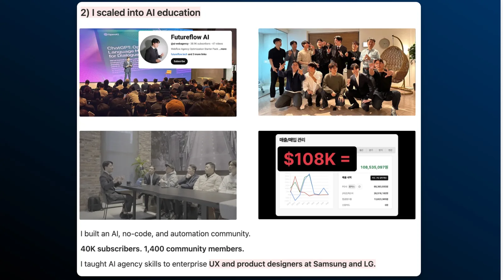 A slide from my deck, I scaled into AI education: on stage at the AI conference in Seoul, the Futureflow AI channel, teaching a room of designers, and the revenue dashboard. 40K subscribers, 1,400 community members.