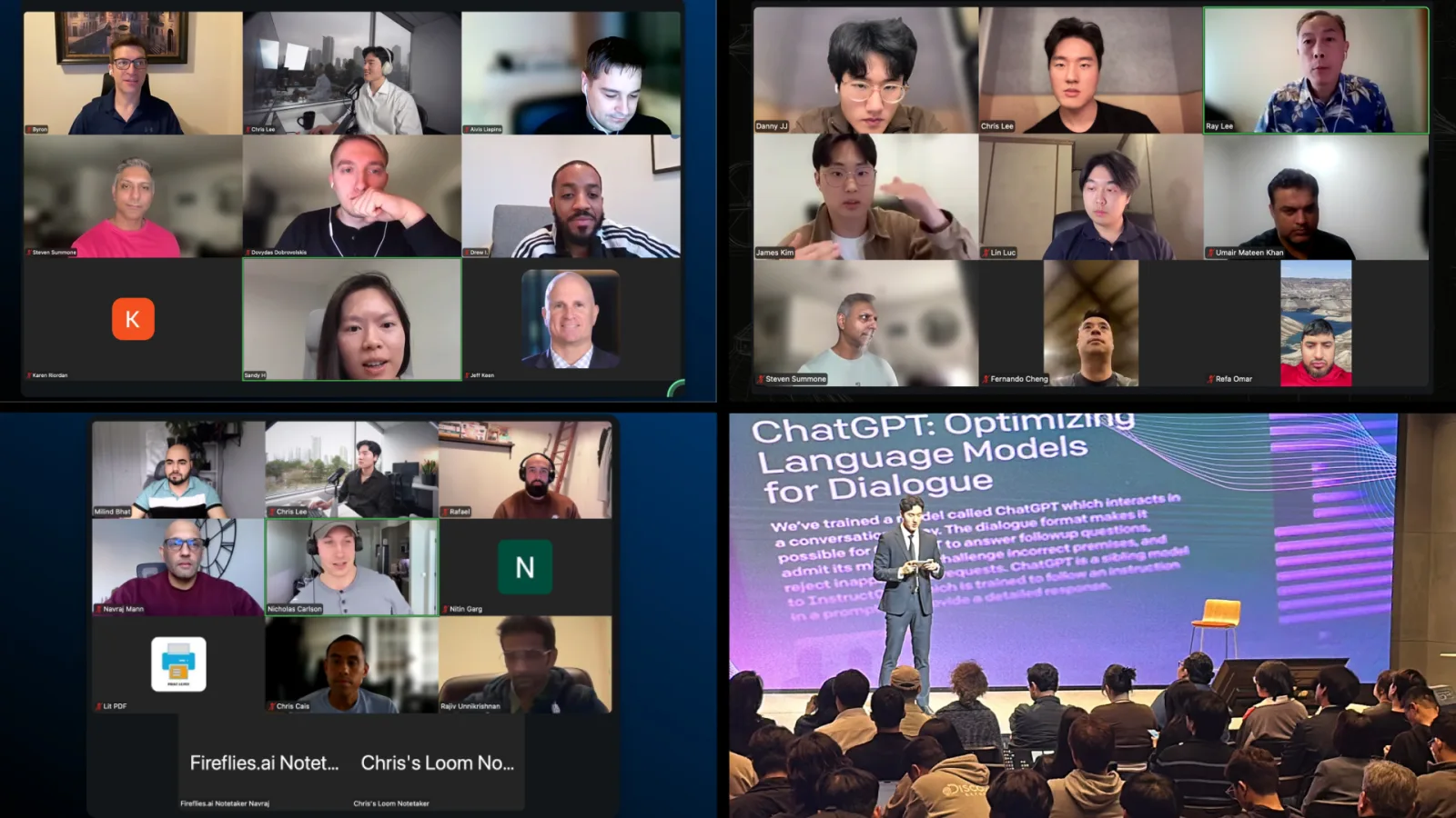 Three Weekly Hot Seats on Zoom with members in the grid, and the conference stage in Seoul.