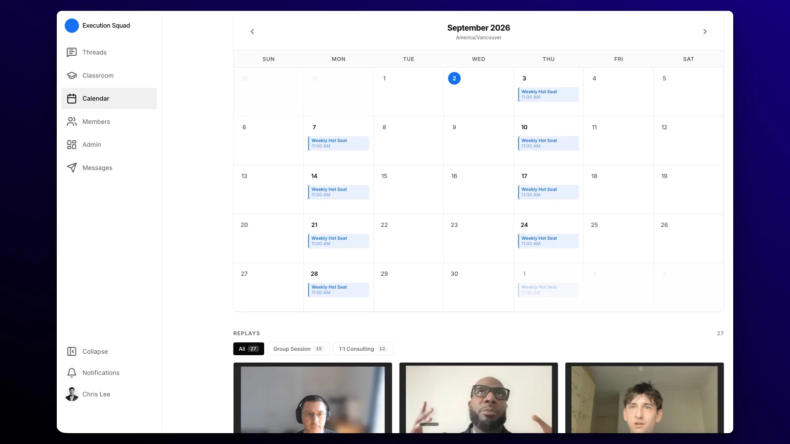 The member calendar: a Weekly Hot Seat every Monday and every Thursday, with the replay archive below.