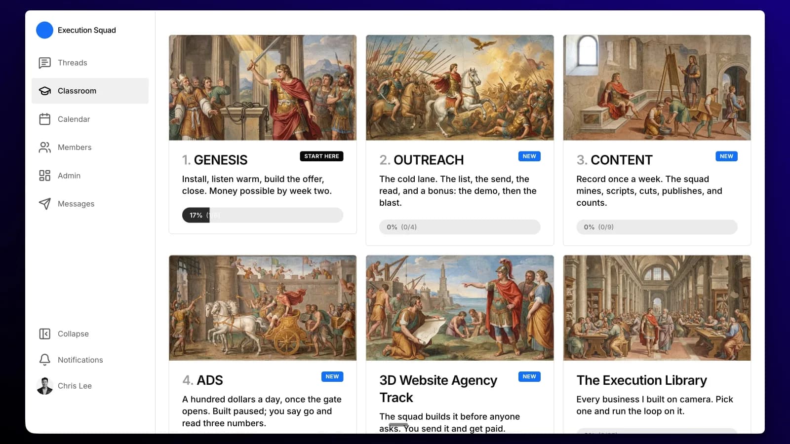 The classroom: GENESIS, OUTREACH, CONTENT, ADS and the Execution Tracks, each tile a Renaissance fresco with a progress bar under it.