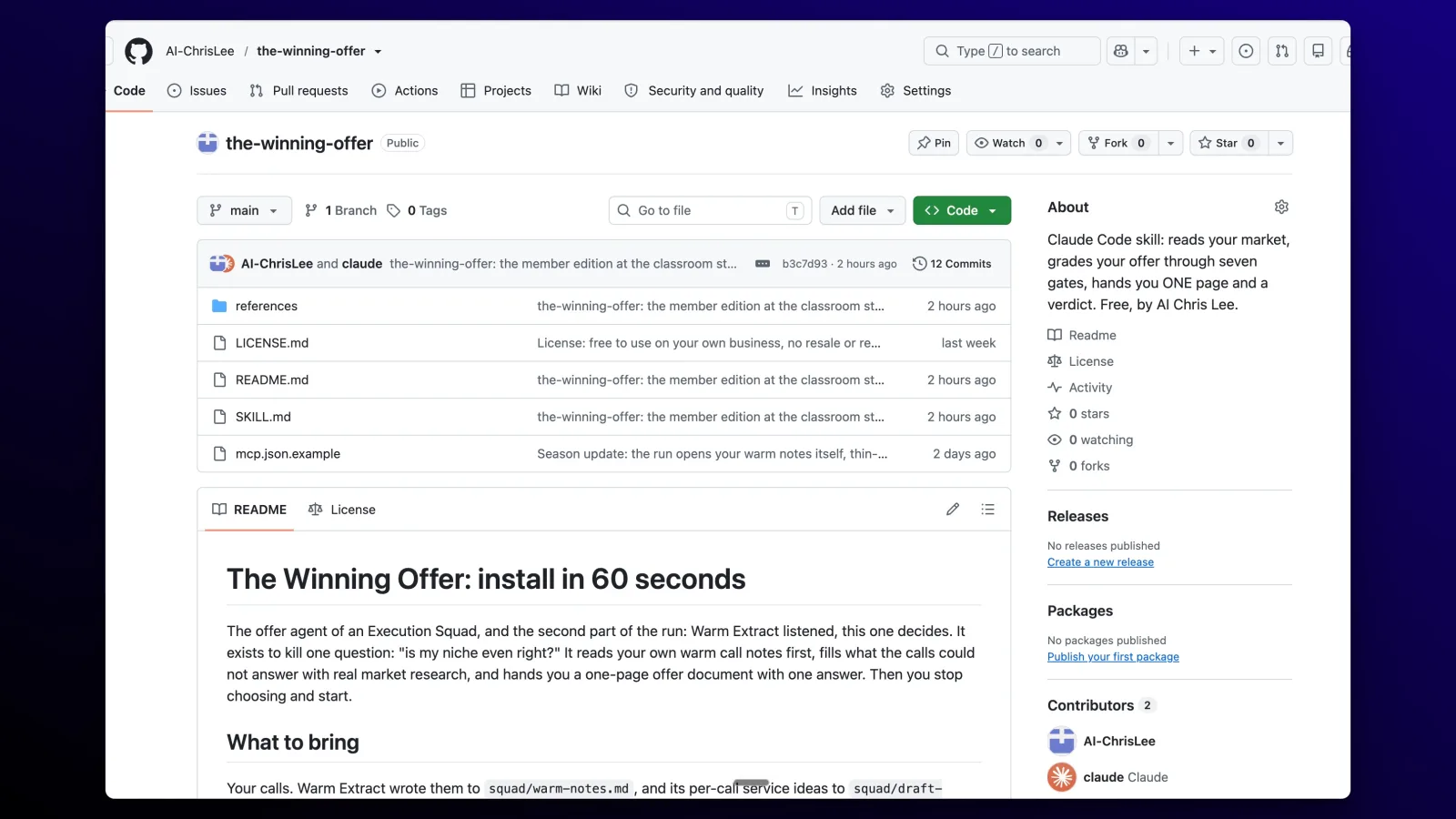 A squad skill as a public GitHub repository, The Winning Offer, with its install-in-60-seconds README.
