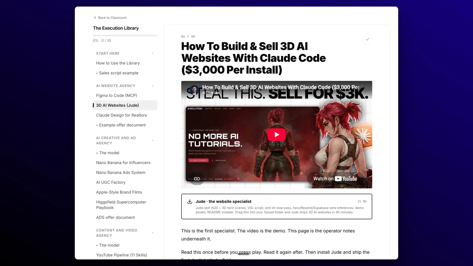 One lesson open in the Execution Tracks: the 3D AI Websites episode, the Jude website specialist download under it, and the notes below.
