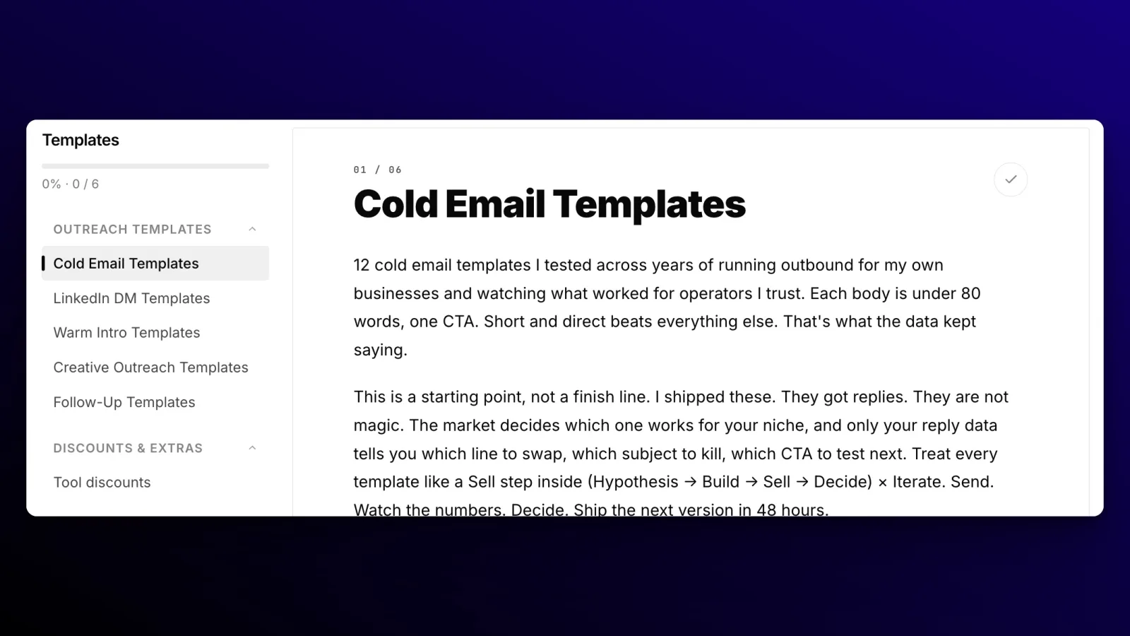 The Templates drawer: cold email, LinkedIn DM, warm intro, creative outreach and follow-up templates, with the cold email page open.